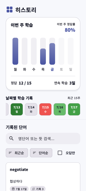 실제 왈람 히스토리. 날짜별 학습과 퀴즈 기록을 확인합니다. 수치는 예시 데이터입니다.